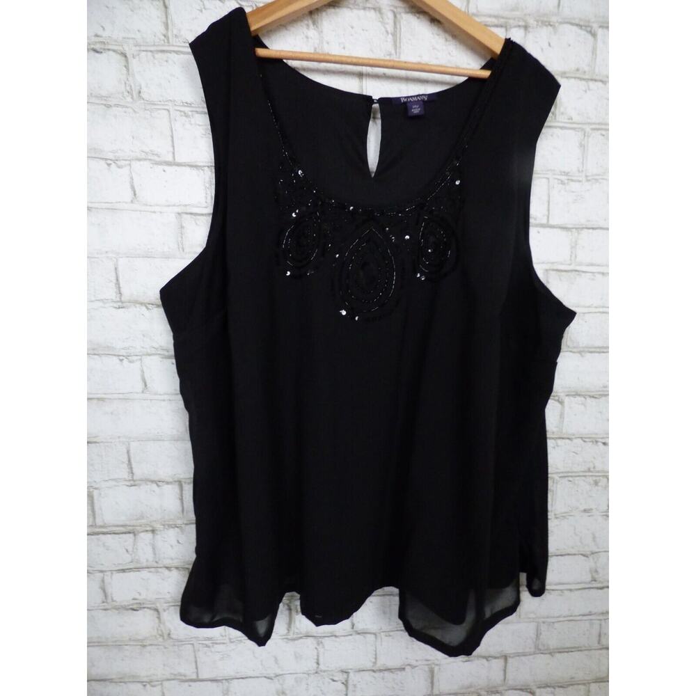 $229 Roaman's Black Beaded Chiffon 3 Piece Jacket Tank Pant Set 34W NEW - Picture 4 of 16